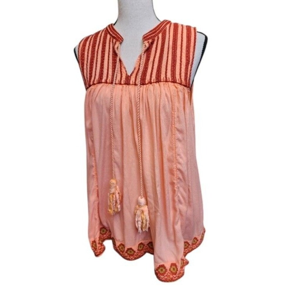 Rachel Zoe Sleeveless Embroidered Tunic Top Boho Tassel Ties Size Large Peach